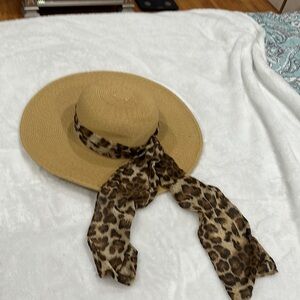 Tan and Brown Wide-Brimmed Sun Hat with Leopard Print Band